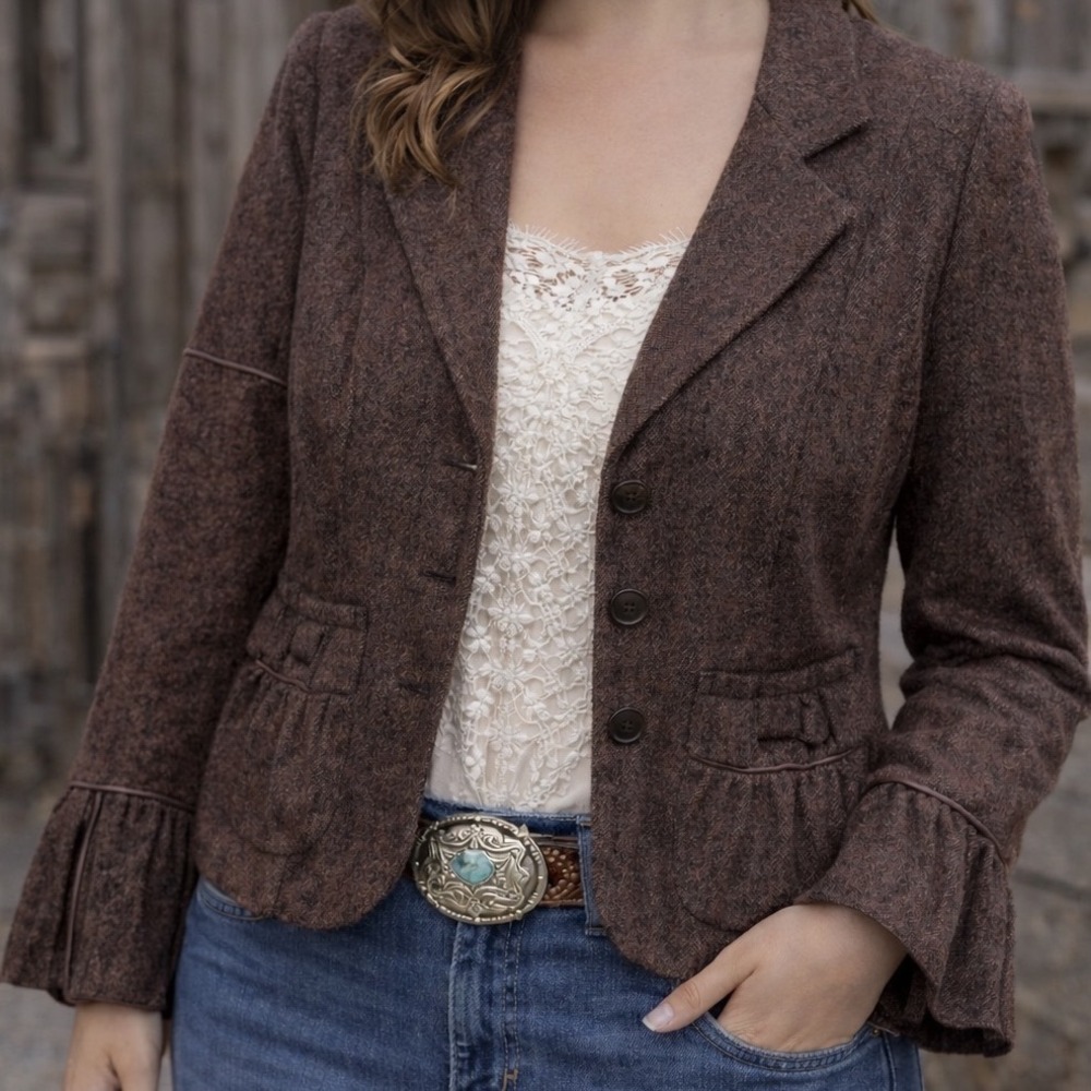 BKE Purple‎ Brown Tweed Wool Blend Blazer Jacket Western Boho Dark Academia M